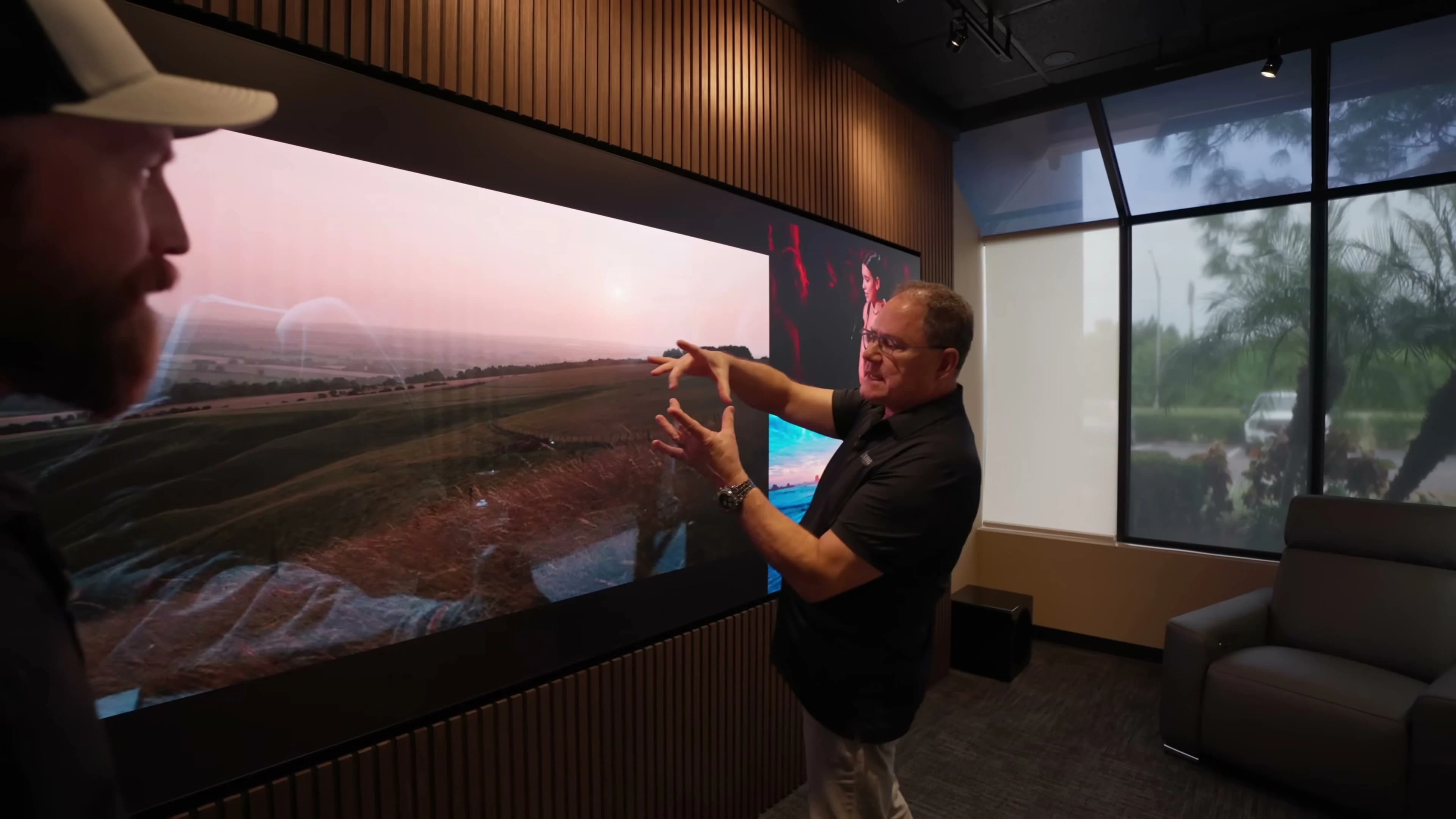 Equipment rack and fiber video distribution behind Easy Living’s MicroLED