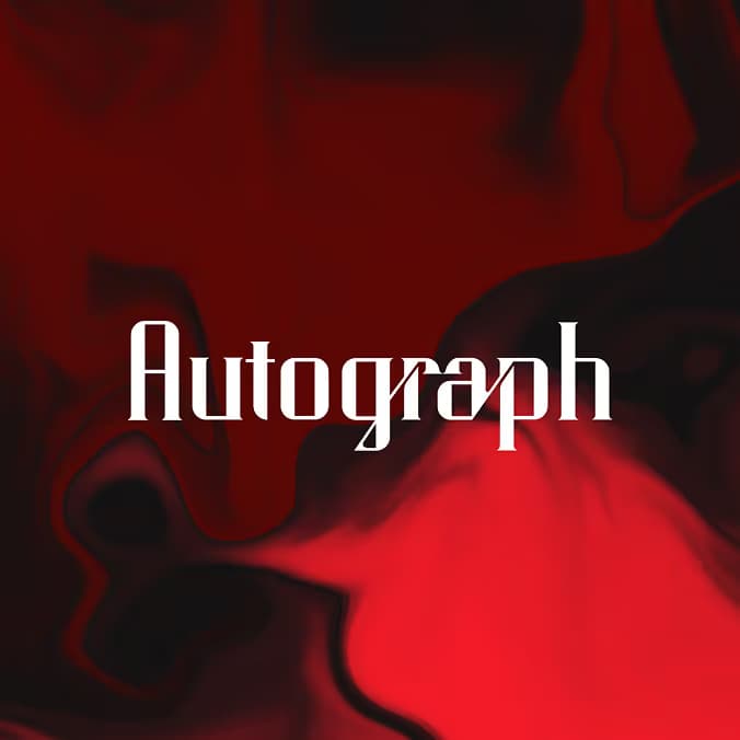 White word 'Autograph' on a dark red and black abstract background.