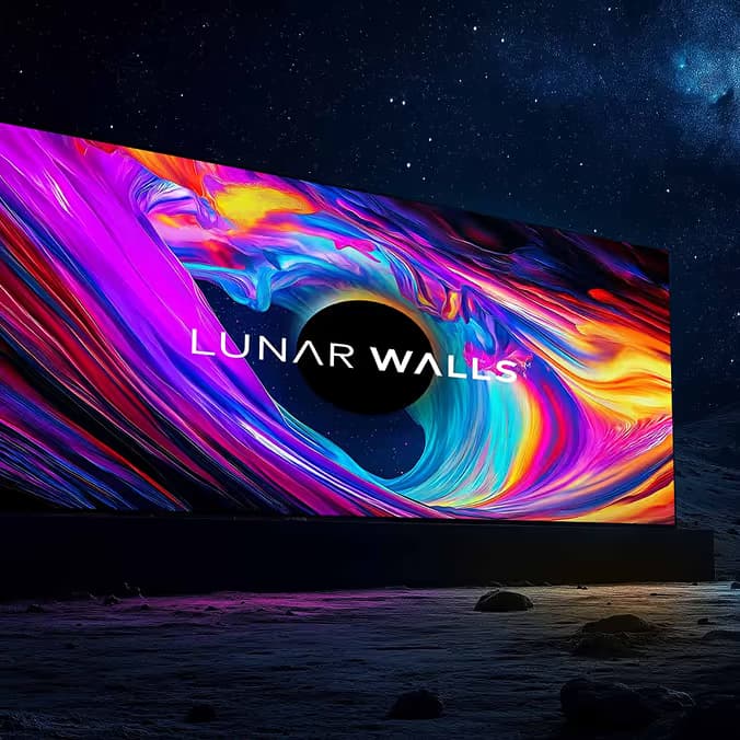 Bright, colorful abstract lunar-themed digital artwork with text 'Lunar Walls' against a starry night sky.