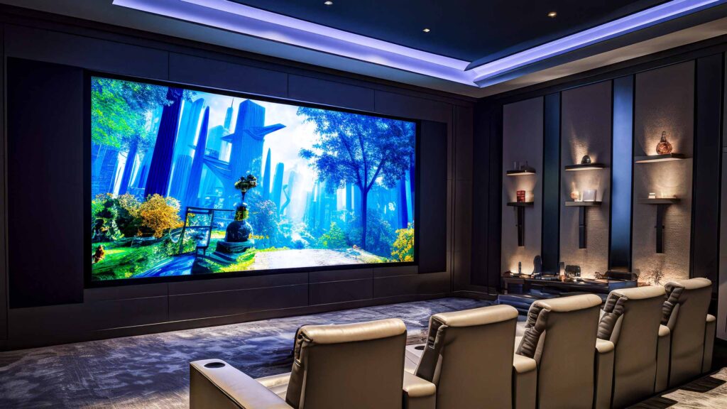 a home theater with a large microled display