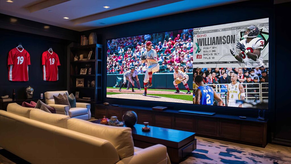 a large widescreen microled display in a man cave