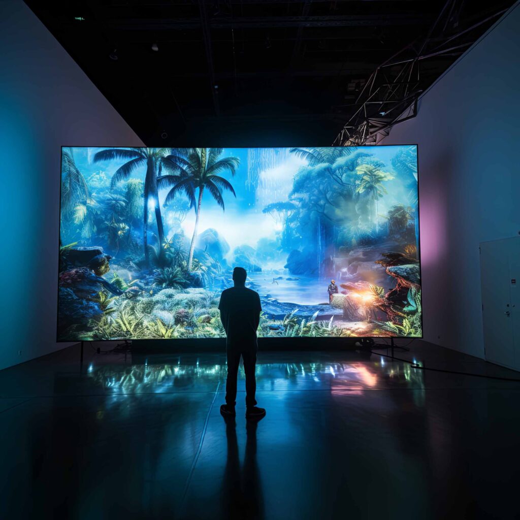 playing video games on a large microled display